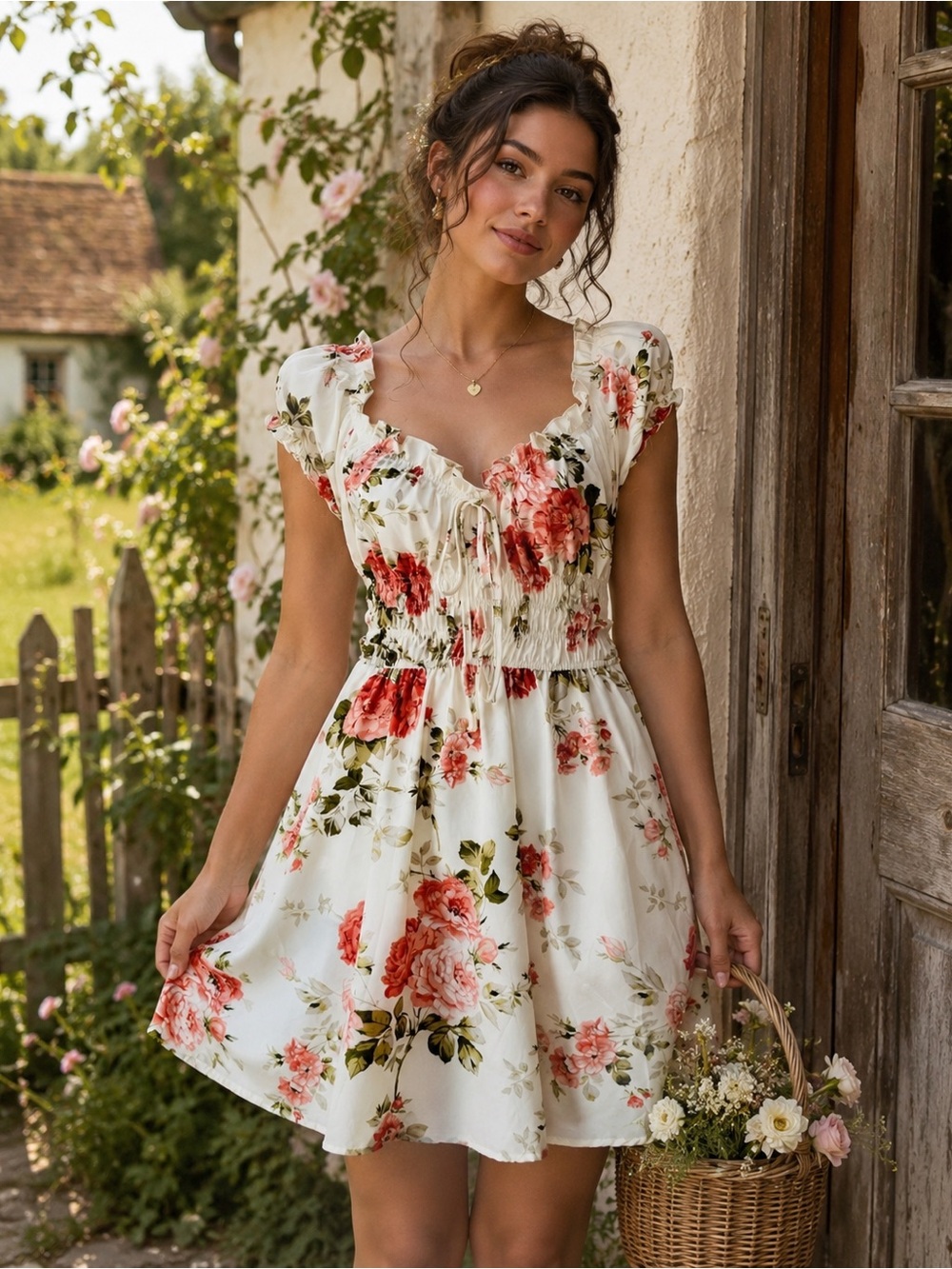 SHEIN Y2K Pink Floral Rose Print Babydoll Cottagecore Mini Dress Size L